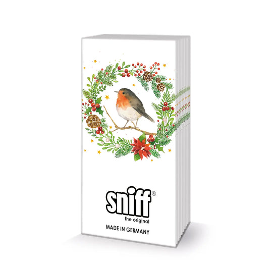 Zündhölzer Rotkehlchen mti Weihnachtskranz