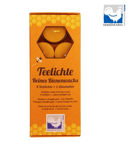 Bienenwachs Teelichte 9 Stück mit 1 Teelichtglas